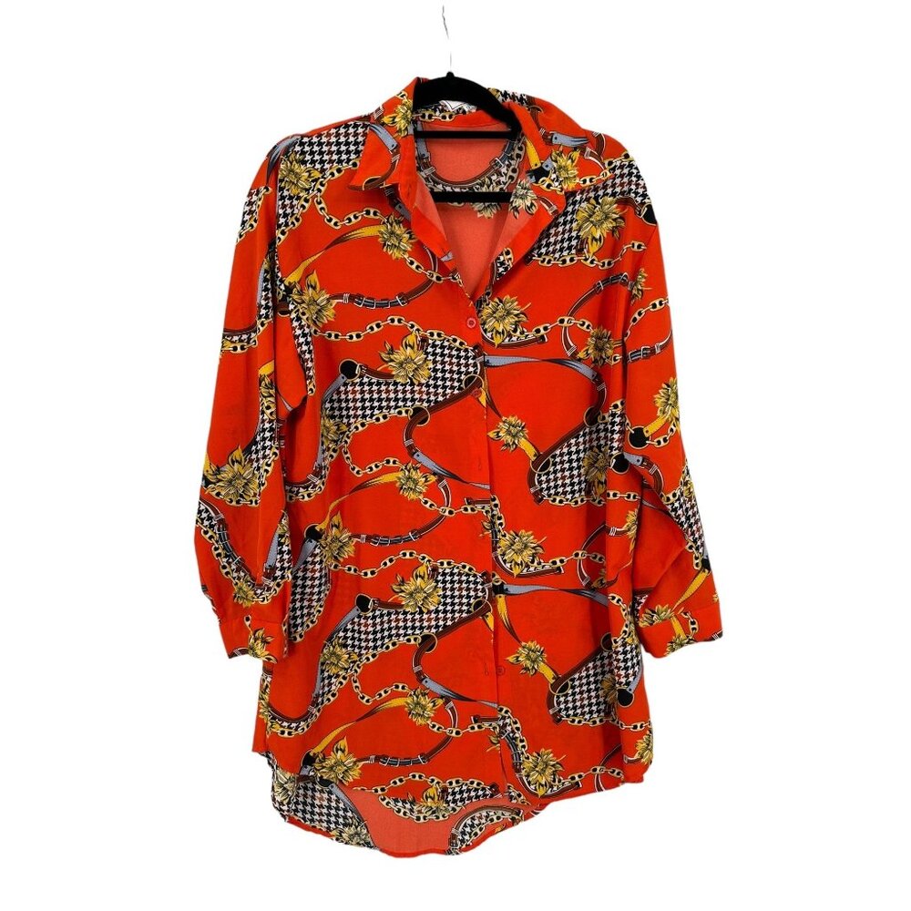 Wowo Tunic Dress Womens Size Large Colorful Button Up Corpcore Office‎ Siren